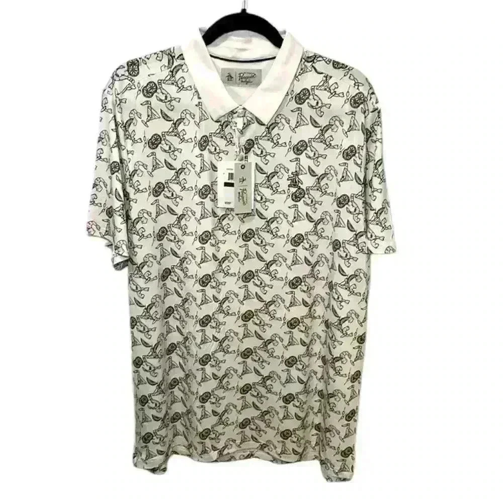 Original Penguin NWT Polo Shirt Golf All Over Print Shrimp Cocktail White Men XL